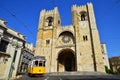 Se Cathedral and Yellow Tram, Lisbon in Portugal Royalty Free Stock Photo