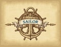 Abstract hand drawn anchor, ship wheel and ribbon banner. Old paper texture background. Royalty Free Stock Photo