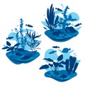 Vector ocean world. Exotic seascapes with seaweeds, fish and corals. Blue background. Royalty Free Stock Photo