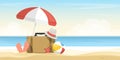 Scene cartoon sea beach, Old suitcase with hat, ball, shoe, umbrella on sand beach, Digital marketing illustration. Royalty Free Stock Photo