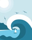 Waves of the sea and flying seagulls. Abstract illustration. Vector Royalty Free Stock Photo