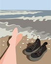 Sea abstract landscape. women`s feet on the beach. sneakers on the sand. recreation and tourism concept. Ocean waves, blue sky an
