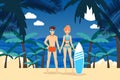 Sea activities result. Surfing on tropical island shore vector illustration. Man and woman in bathing suit standing on