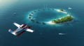 Sea airplane flying above private paradise tropical island Royalty Free Stock Photo