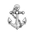 Sea anchor with chain. Ship equipment in sketch hand drawn style. Best for tattoo, emblem, logo.