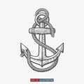 Hand drawn ships anchor with rope. Template for your design works.