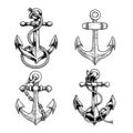 Sea anchor with rope and chains set. Ship equipment in sketch hand drawn style. Best for tattoo, emblem, logo.