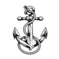 Sea anchor wrapped with rope. Ship equipment in sketch hand drawn style. Best for tattoo, emblem, logo.