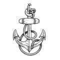 Sea anchor wrapped with rope. Ship equipment in sketch hand drawn style. Best for tattoo, emblem, logo.