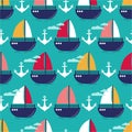 Sea anchors and boats, colorful seamless pattern. Marine background. Decorative cute wallpaper Royalty Free Stock Photo