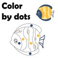 Sea animal. Color by dots. Kids drawing worksheet. Ocean fish painting. Developing task. Children tutorial. Nursery game