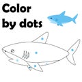 Sea animal. Color by dots. Preschool kids drawing worksheet. Marine shark. Ocean fish painting. Developing task