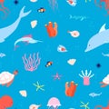 Sea animal pattern. marine life baby background. Cute cartoon octopus jellyfish fish. Ocean or aquarium illustration