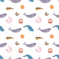 Sea animal seamless pattern with beluga, narwhale, seashell with pearl, coral. Undersea world habitants print.