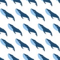 Sea animal seamless pattern with blue whale. Undersea world habitants print.