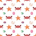 Sea animal seamless pattern with crab and starfish, seashell with pearl, coral. Undersea world habitants print.