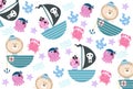 Sea animal seamless pattern cute pirate character