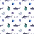 Sea animal seamless pattern with hummerhead shark, coral and sea anemone, seashell. Undersea world habitants print.