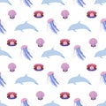 Sea animal seamless pattern with jellyfish, dolphin and seashell. Undersea world habitants print.