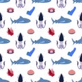 Sea animal seamless pattern with squid and shark, seashell with pearl, coral. Undersea world habitants print.
