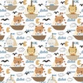 seamless pattern with cartoon animals sailors, ship, decor elements. colorful flat style.