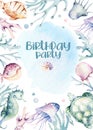 Sea animals aquarium baby happy birthday poster. Blue watercolor ocean fish, turtle, whale and coral. Shell aquarium Royalty Free Stock Photo