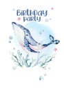 Sea animals aquarium baby happy birthday poster. Blue watercolor ocean fish, turtle, whale and coral. Shell aquarium Royalty Free Stock Photo