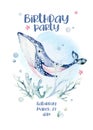 Sea animals aquarium baby happy birthday poster. Blue watercolor ocean fish, turtle, whale and coral. Shell aquarium Royalty Free Stock Photo