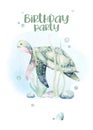 Sea animals aquarium baby happy birthday poster. Blue watercolor ocean fish, turtle, whale and coral. Shell aquarium