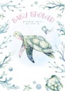 Sea animals aquarium baby shower poster. Blue watercolor ocean fish, turtle, whale and coral. Shell aquarium background