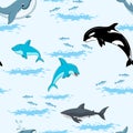 Sea animals on blue background pattern with whales and sharks, dolphins and fish Royalty Free Stock Photo