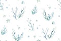 Sea animals blue watercolor ocean seamless pettern fish, turtle, whale and coral. Shell aquarium background. Nautical