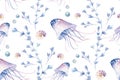 Sea animals blue watercolor ocean seamless pettern fish, turtle, whale and coral. Shell aquarium background. Nautical