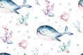 Sea animals blue watercolor ocean seamless pettern fish, turtle, whale and coral. Shell aquarium background. Nautical