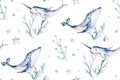 Sea animals blue watercolor ocean seamless pettern fish, turtle, whale and coral. Shell aquarium background. Nautical