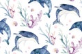 Sea animals blue watercolor ocean seamless pettern fish, turtle, whale and coral. Shell aquarium background. Nautical