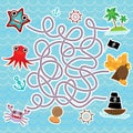 Sea animals, boats pirates. cute sea objects collection labyrinth game for Preschool Children. vector Royalty Free Stock Photo