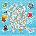 Sea animals, boats pirates. cute sea objects collection labyrinth game for Preschool Children. Vector Royalty Free Stock Photo