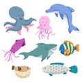 Sea animals cartoon set. Trendy design sea and ocean wildlife. Octopus, dolphin, shark, jellyfish, squid, striped color fish, blow