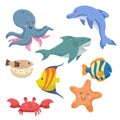 Sea animals cartoon set. Trendy design sea and ocean wildlife. Octopus, dolphin, shark, striped blue fish, blowfish , starfish and