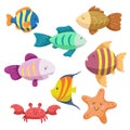 Sea animals cartoon set. Trendy design sea and ocean wildlife. Different types of fishes , starfish and funny crab.