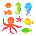 Sea animals cartoon vector set Royalty Free Stock Photo