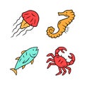 Sea animals color icons set. Swimming tuna, crab, seahorse, jellyfish. Seafood restaurant menu. Marine fauna. Undersea Royalty Free Stock Photo