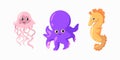 Sea animals. Cute octopus, funny jellyfish and seahorse. Marine or ocean animals for childish nursery and fabric decor