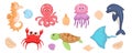 Sea animals cute set isolated on white background. Vector illustration of octopus, stingray, jellyfish, crab, dolphin, seahorse, t Royalty Free Stock Photo