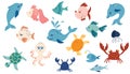 Cute underwater animals. Fish, sea turtle, octopus, crayfish, crab, dolphin, jellyfish.