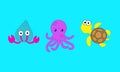 Sea animals on the cyan background