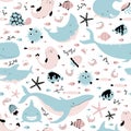 Sea animals and fish. Vector seamless pattern in simple cartoon hand-drawn style. Childish Scandinavian illustration is ideal for Royalty Free Stock Photo