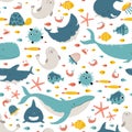 Sea animals and fish. Vector seamless pattern in simple cartoon hand-drawn style. Childish Scandinavian illustration is Royalty Free Stock Photo