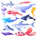 Sea animals and fishes cartoon illustration. Marine life design elements. Ocean dwellers isolated on white background Royalty Free Stock Photo